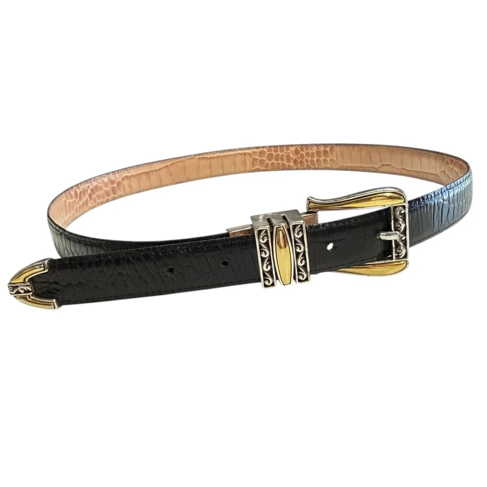 Brighton Womens Reversible Black Tan Belt Embossed Leather Silver Gold Buckle XL